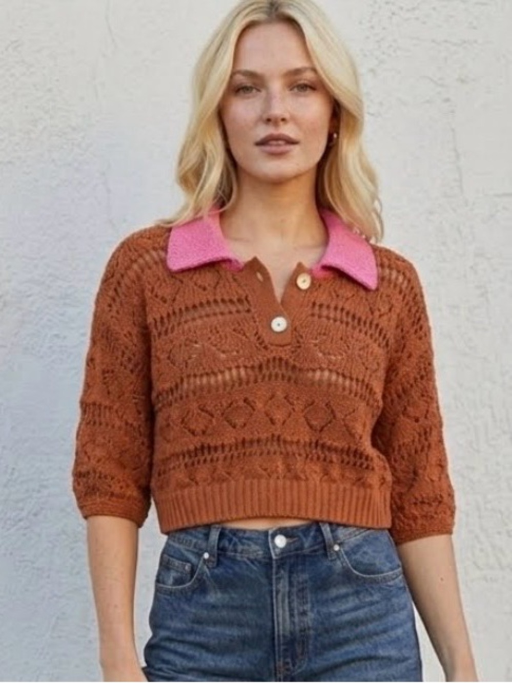 Zara Pointelle Knit Cropped Polo Sweater - Brown & Pink M